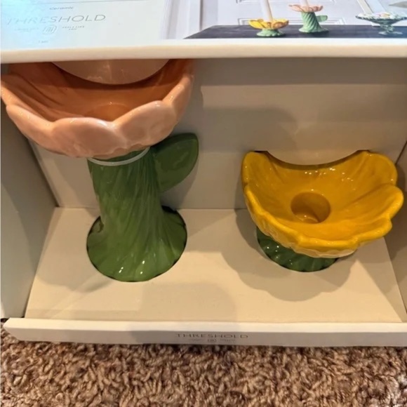 NWT Threshold Flower Ceramic Candelabra Cactus Flower Candle Holders set Spring - Picture 6 of 7